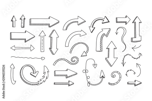 Diverse set of hand-drawn 3D effect arrows and with patterned fills and outlines in black ink on a white background for directional concepts Keywords: arrow, doodle, hand drawn, 3d effect, set