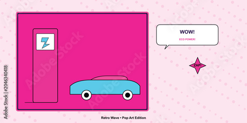 Fotografia Retro pop art illustration of an electric car charging at a station with a speec