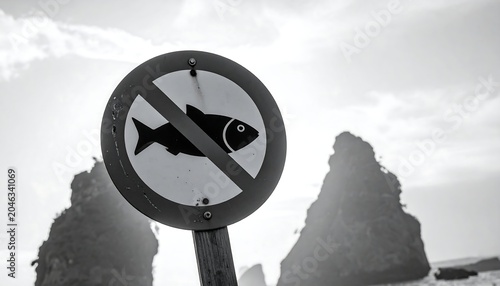 A black and white photo of a sign with a fish symbol and a diagonal line, indicating no fishing allowed, in front of two large rock formations
