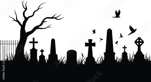 Obraz na płótnie Eerie cemetery silhouette featuring ancient tombstones, a gnarled bare tree, and black crows flying in a dark setting