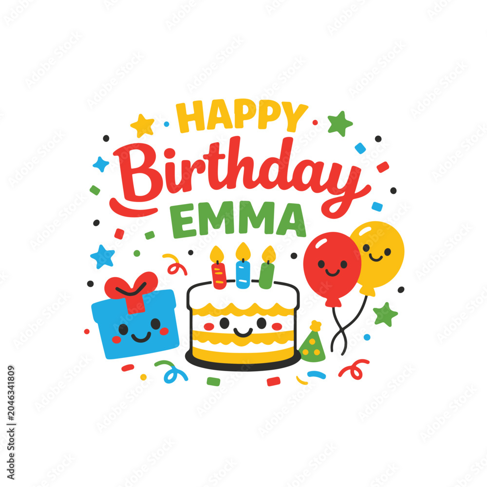 Fototapeta premium Happy birthday emma festive party celebration vector graphic with birthday balloons celebration confetti colorful greeting decoration anniversary