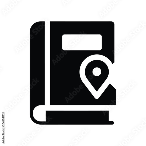 Solid black of a closed book featuring a map location pin symbol on the cover, representing library navigation, bookstore locations, research, education, and finding information in a physical volume