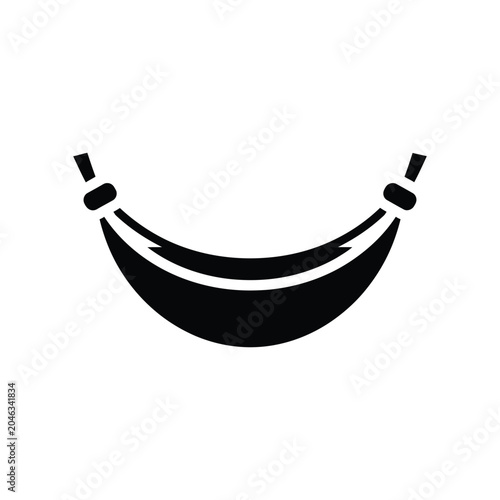 Black silhouette of a hanging hammock with curved ends and rope attachments, isolated on a white background, representing relaxation, leisure, summer vacation, camping, and outdoor comfort