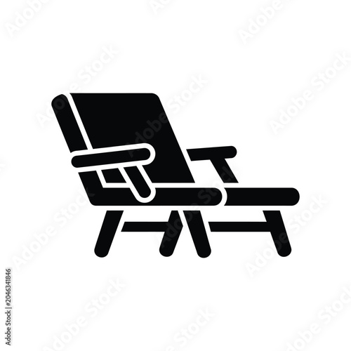 Simple black of a wooden deck chair or lounge chair seen from the side, representing outdoor furniture, relaxation, beach vacations, summer leisure, and comfortable seating on a white background