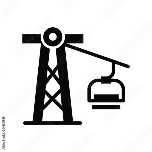 Solid black of a ski lift tower with a single chair hanging from the cable, representing winter sports, mountain transportation, skiing, snowboarding, and resort infrastructure on a white background
