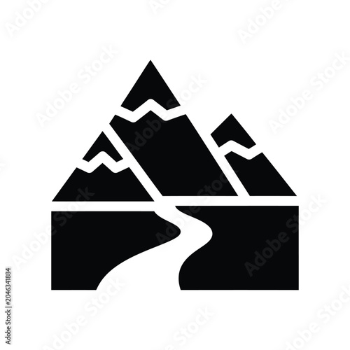 Minimalist black featuring a stylized mountain range with snow-capped peaks above a winding river path, isolated on a white background, representing nature, travel, adventure, and outdoor exploration