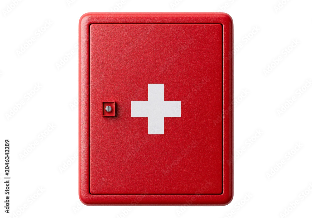 Fototapeta premium First Aid Box: A vibrant red first aid kit with a prominent white cross symbol is ready for any emergency.