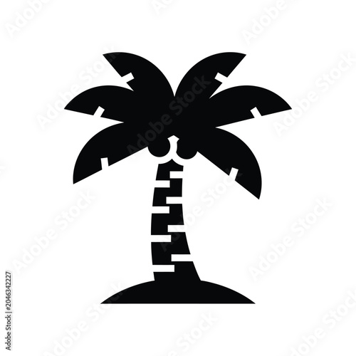 Solid black silhouette of a tropical palm tree with a textured trunk and large fronds, representing summer, beach, vacation, island life, and tropical travel destinations on a white background
