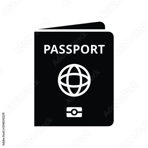 Black and white of a closed travel passport booklet featuring a globe symbol and a small rectangular identification chip on the cover, isolated on a clean white background surface