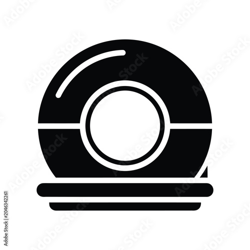 Minimalist black and white of a circular camera lens or web camera device with a central aperture, isolated on a white background, representing digital or recording technology