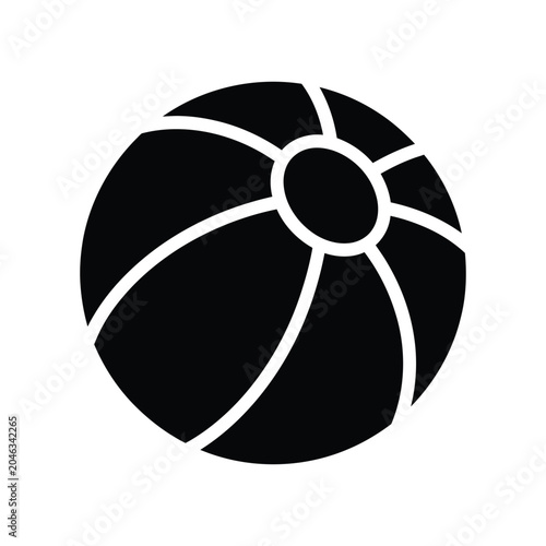 Simple black and white of a classic beach ball with segmented panels and a central circular patch, isolated on a white background, for summer, vacation, or recreational themes