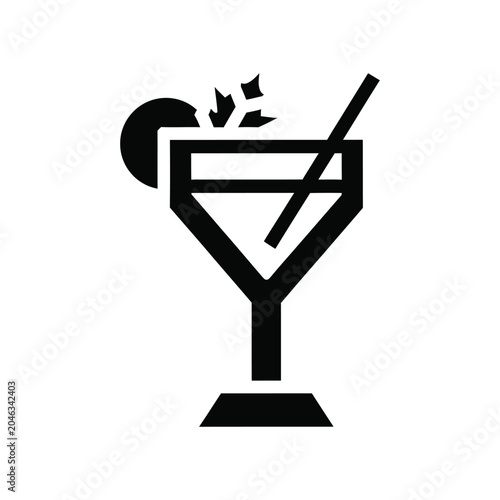 Black silhouette of a cocktail glass with a straw and a citrus garnish, isolated on a white background, representing nightlife, bar, party, celebration, drinks, and summer vacation leisure themes
