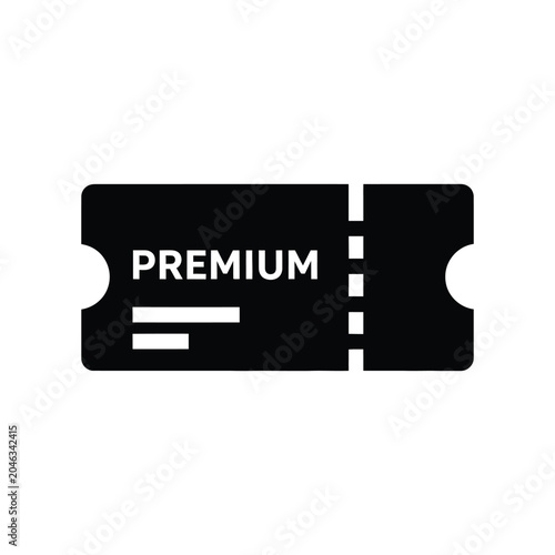 Solid black silhouette of a rectangular admission ticket with a perforated edge and the word printed in white, isolated on a plain white background, for use in, digital projects