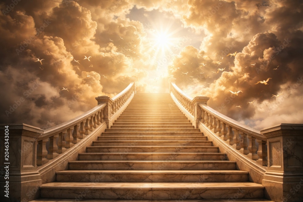 Fototapeta premium Heavenly staircase amidst golden clouds.