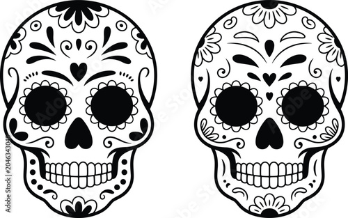 Two high contrast hand drawn black and white sugar skulls with festive floral patterns on a clean white background.