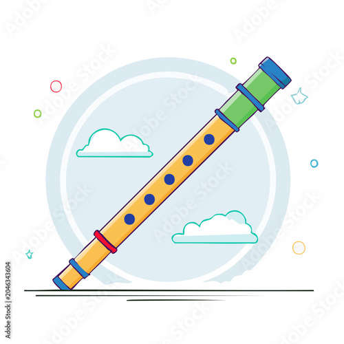 Flat design illustration of a recorder flute with clouds
