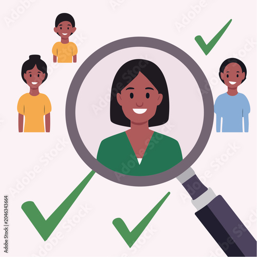 Magnifying Glass Focusing on a Selected Person with Checkmarks