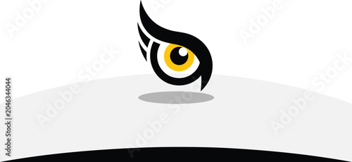 Bild auf Leinwand Stylized yellow eagle eye with black wings floating over a sleek white surface, showing intense focus in clean light