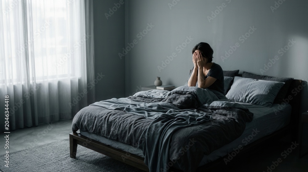 Fototapeta premium Person Hiding Face While Sitting On Bed In Dark Room