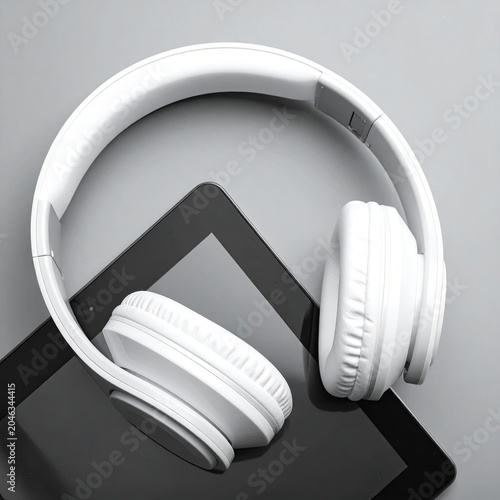 Modern White Headphones Resting on a Tablet Device.