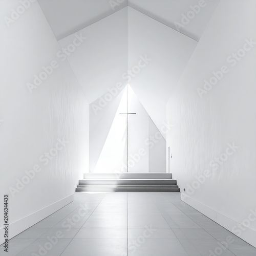 Modern Minimalist White Church Interior with Natural Light.