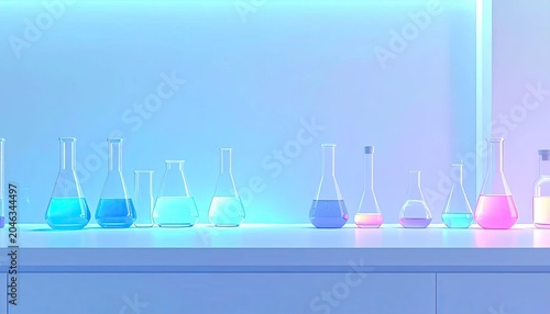 Laboratory glassware filled with colorful liquids under soft blue light.