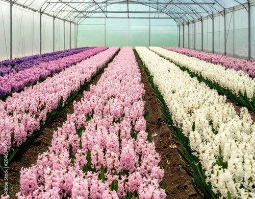 Rows of Blooming Hyacinth Flowers in a Greenhouse.
