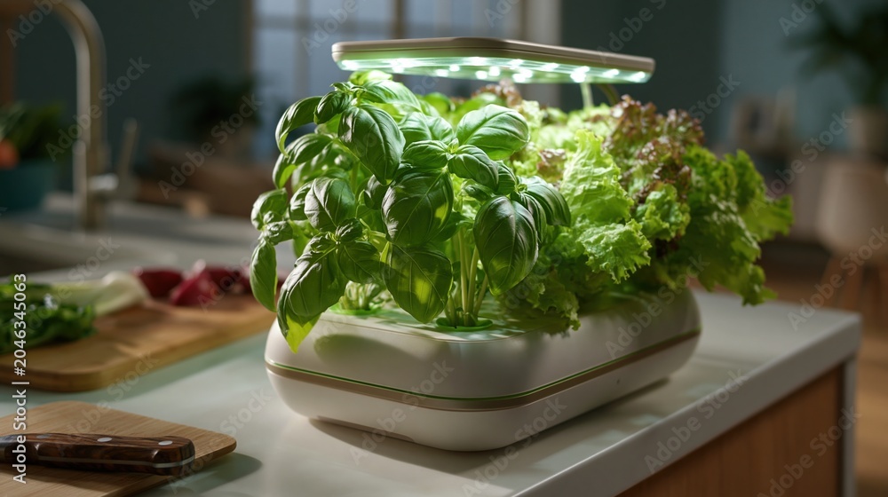 Obraz premium Modern hydroponic tabletop garden with lush green lettuce growing under artificial light for healthy home food and technology themes