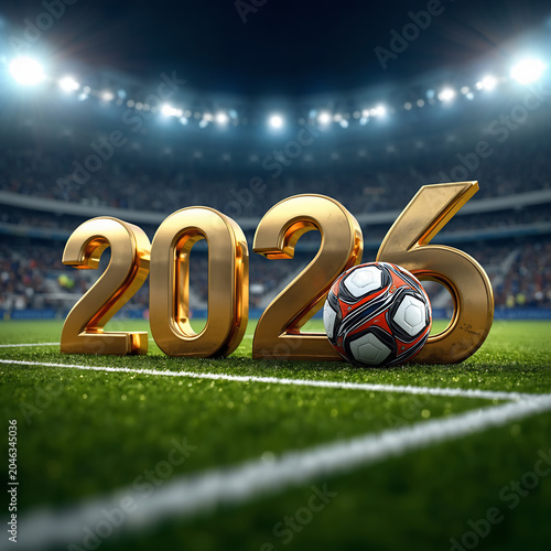Soccer Ball on Stadium Field with 2023 Gold Numbers