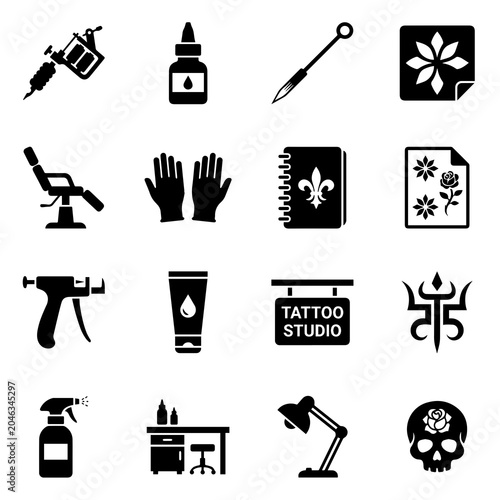 Tattoo Equipment Icons Black Silhouette Set On White Background
