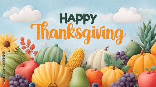 Happy Thanksgiving harvest banner with pumpkins and autumn fruits