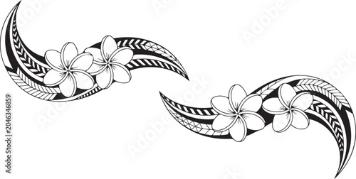 Hawaiian plumeria flower tribal tattoo patterns Polynesian art floral motif decorative element tropical beauty organic shapes.