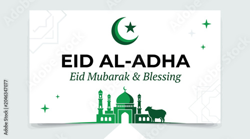 Foto Eid Al-Adha Mubarak Greeting with Mosque, Crescent Moon, Star and Sheep Illustra