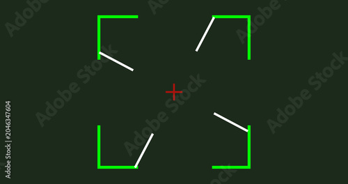 Camera Viewfinder focus shutter click crosshair animation. Military scope overlay. Game tracking rifle zoom motion graphic. Digital reticle HUD aim indicator. Marker Surveillance Screen CCTV scanner.