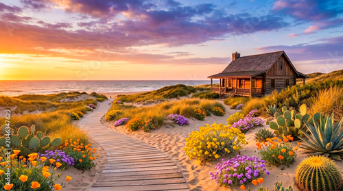 Coastal Cabin Surrounded By Wildflowers And Sand Dunes At Sunset