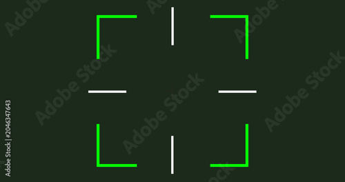 Camera Viewfinder focus shutter click crosshair animation. Military scope overlay. Game tracking rifle zoom motion graphic. Digital reticle HUD aim indicator. Marker Surveillance Screen CCTV scanner.