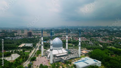 Aerial view of Sultan Salahuddin Abdul Aziz Shah Mosque, also known as the Blue Mosque, in Shah Alam, Selangor, Malaysia.