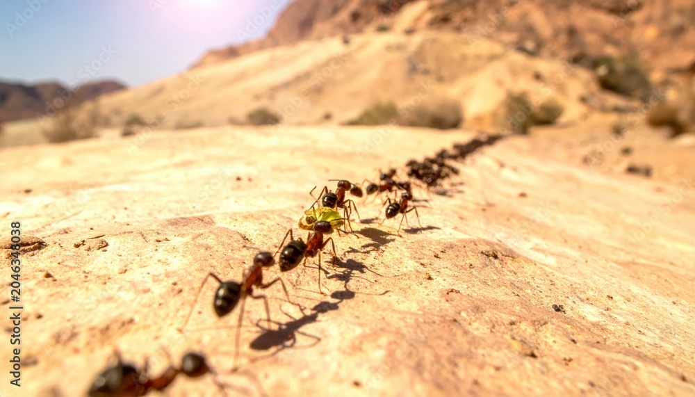 Obraz premium Disciplined ants marching in a long line across a sun-baked desert floor, carrying food for their colony