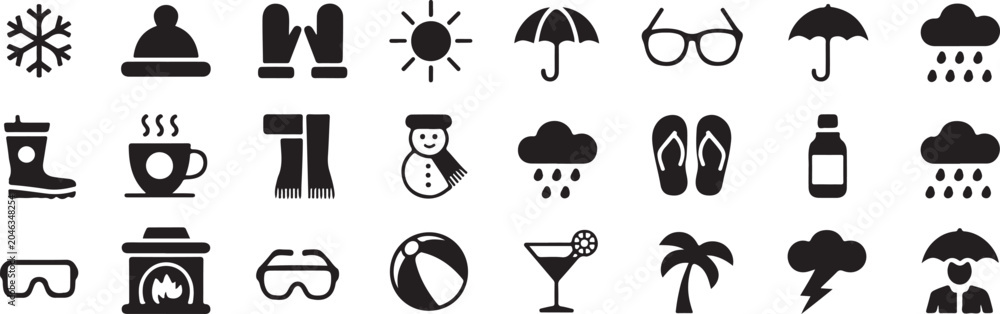 Fototapeta premium Weather and season icons showing snowflake hat gloves sun umbrella glasses rain flip flops and fireplace.