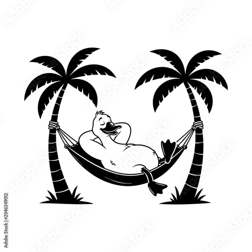 Funny goose relaxing in hammock between palm trees silhouette, cute tropical vacation bird cartoon vector illustration isolated on white background