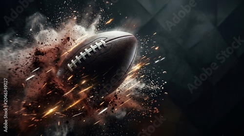 American football exploding through smoke and sparks on dark background