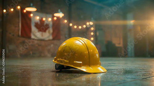 Yellow hard hat on floor with Canadian flag and bokeh lights, symbolizing construction safety and labor day in Canada.
