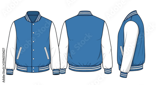 Blank varsity bomber jacket vector template in classic blue and white design for apparel mockup and fashion illustration needs