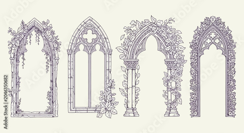 Ornate Gothic Archways Adorned with Lush Greenery and Delicate Flowers, Evoking Ancient Architecture and Enchanting Gardens