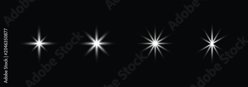 Set of sparkling stars on transparent background. Sparkling star, vector glowing star light effect.