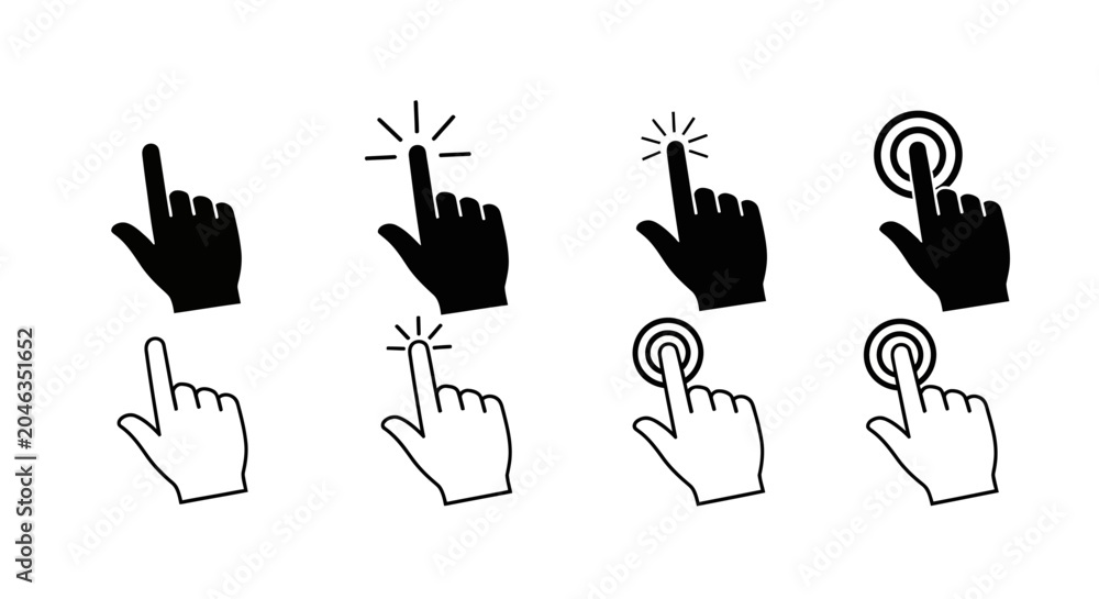 Fototapeta premium Modern Hand Cursor Pointer and Clicking Icons Collection for Digital User Interface and Web Design Elements, Illustrating Interaction