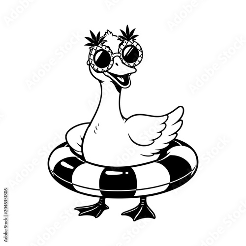 Funny goose wearing pineapple sunglasses sitting in swim ring, cute summer vacation bird cartoon vector illustration isolated on white background