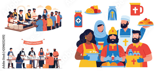 Canvas Print Flat vector illustration of charitable volunteers serving meals to disadvantaged