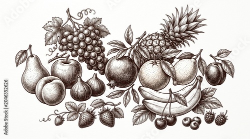 Vintage engraved fruit assortment illustration for packaging and labels