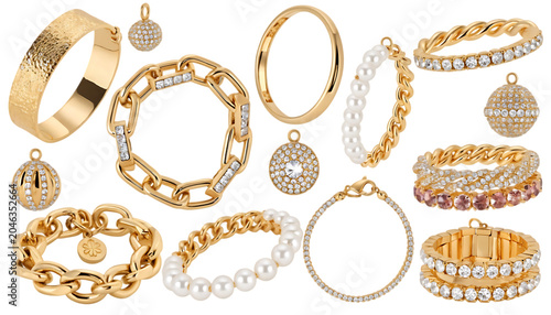 Gold bracelets and charms jewelry stacked cut out isolated on white background PNG. AI GENERATED.
